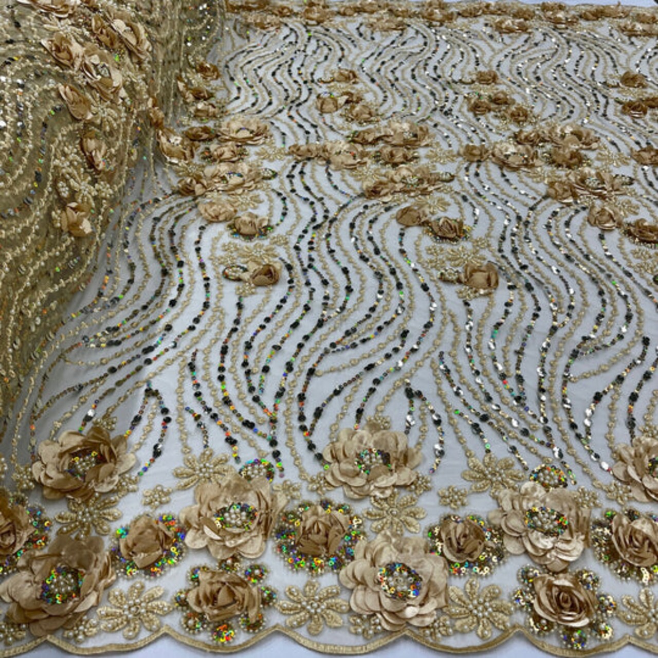 1 Yard Beaded Sequined 3D Floral Lace Fabric Embroidered 100 Percent Polyester Net Mesh 52 inch Width